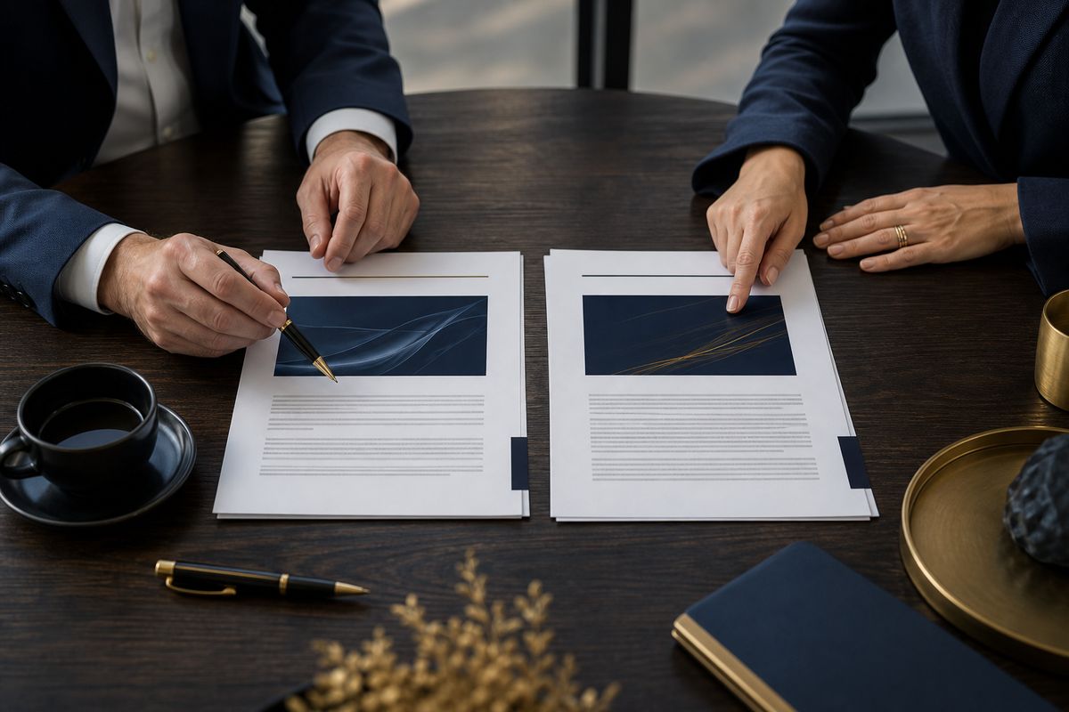 Mãos comparando o contrato social e o acordo de sócios lado a lado sobre uma mesa de escritório