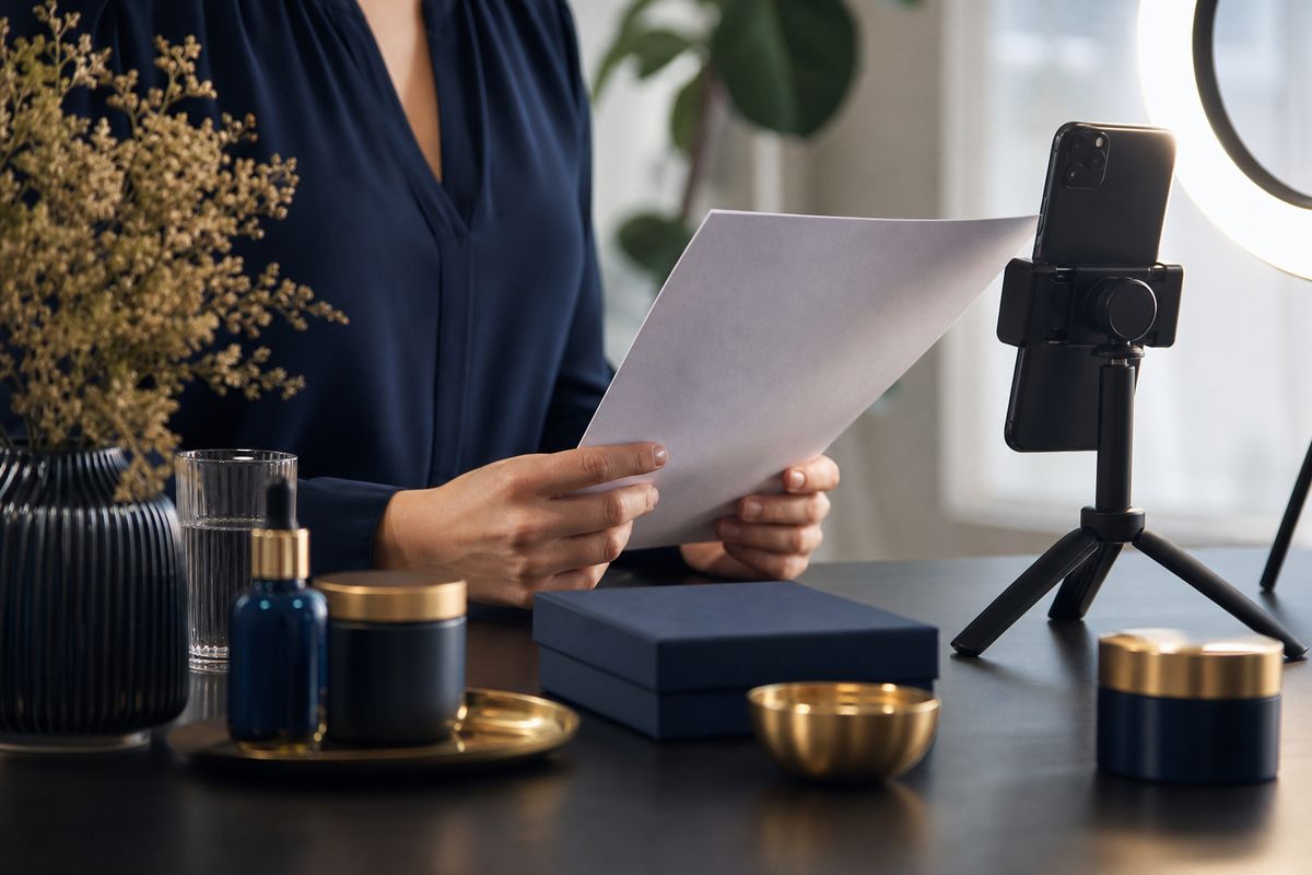 Criadora de conteúdo revisando o contrato de influenciador digital ao lado do celular e de produtos recebidos