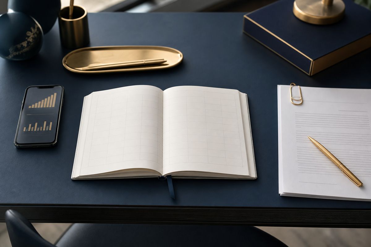 Agenda de campanha, celular com métricas e contrato de influenciador digital organizados em uma mesa de escritório