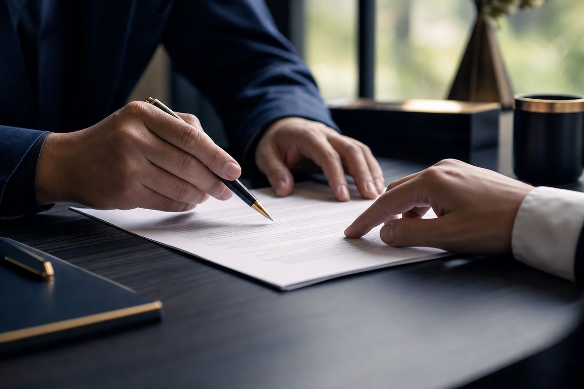 Mãos revisando cláusulas de um contrato de prestação de serviços impresso sobre a mesa