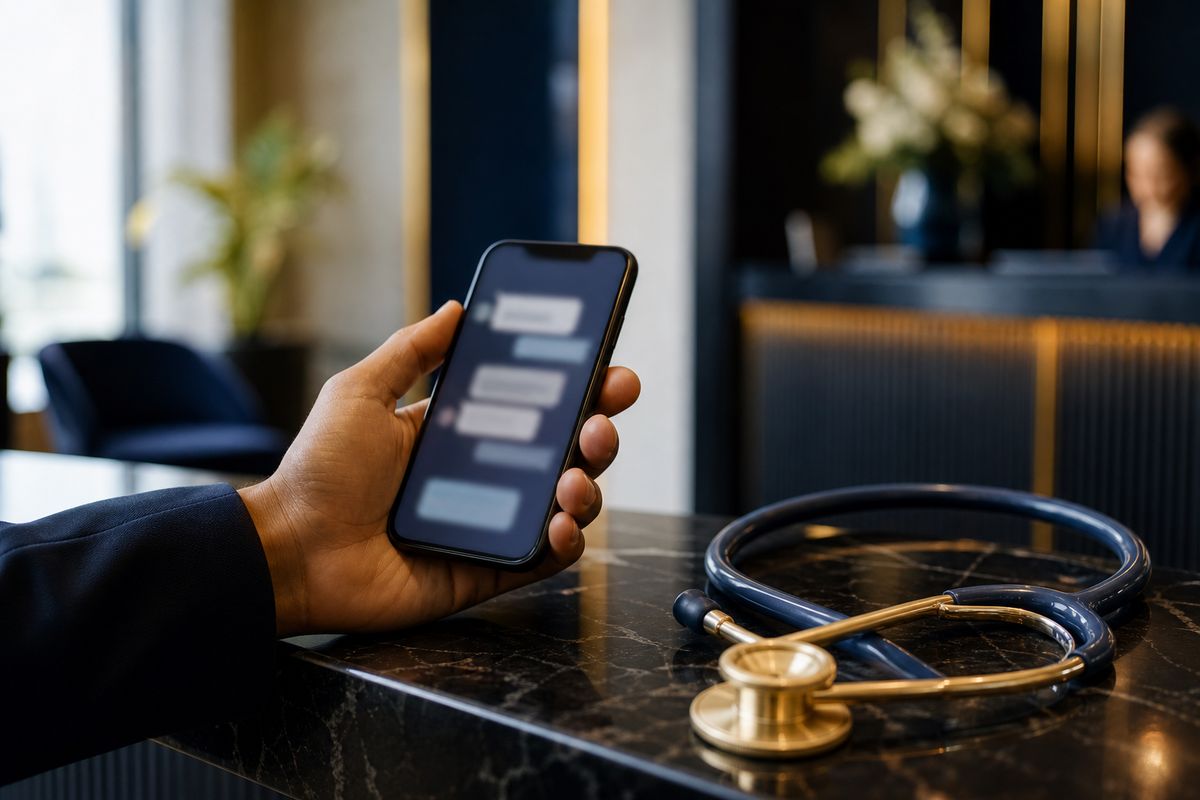 Mão segurando celular com aplicativo de mensagens na recepção da clínica, ao lado de um estetoscópio