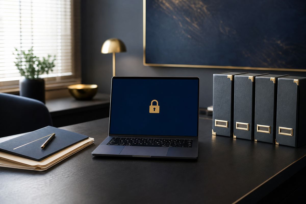 Arquivo de prontuários digitalizados em notebook com cadeado na tela, representando a LGPD para clínicas na guarda de documentos