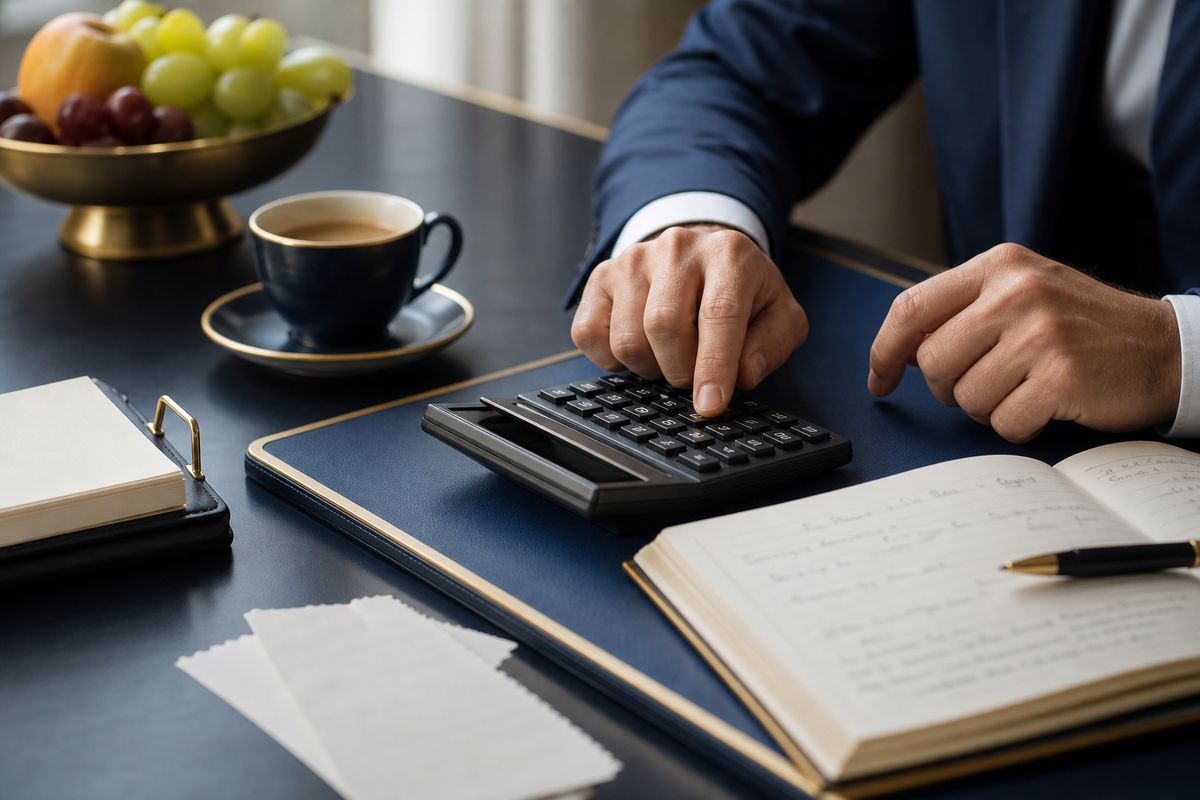 Calculadora, notas fiscais e caderno sobre a mesa ao comparar regimes depois de saber se nutricionista pode ser MEI