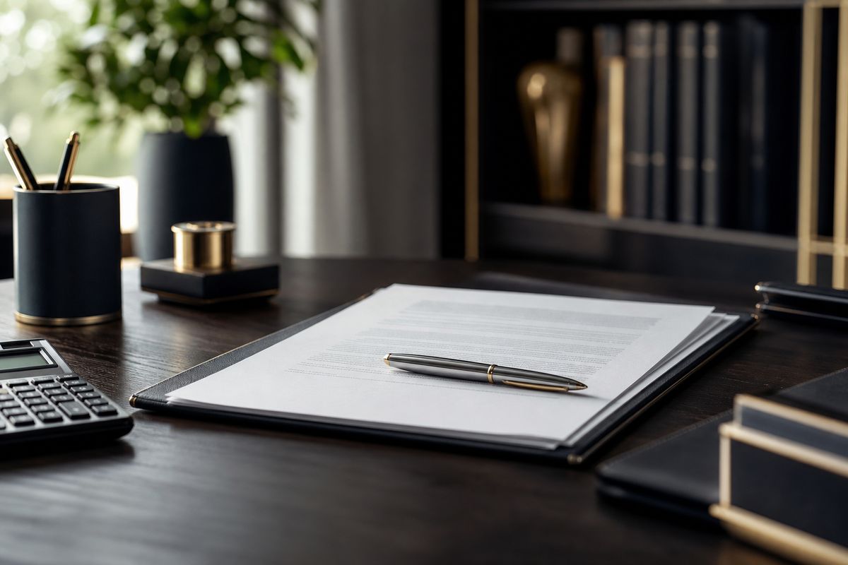 Mesa de trabalho com contrato de prestação de serviços impresso, caneta e calculadora, representando a análise de risco da pejotização