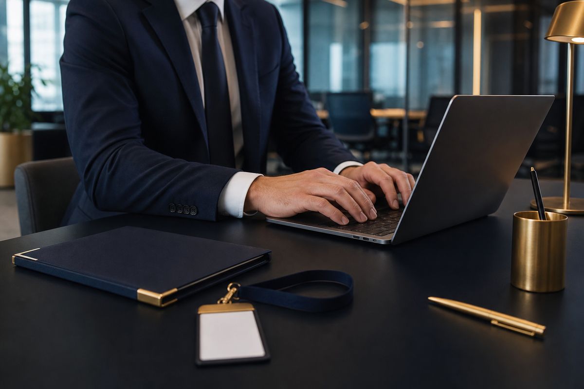 Mãos sobre um teclado de notebook ao lado de crachá e pasta de documentos, ilustrando a rotina de um prestador em caso de pejotização